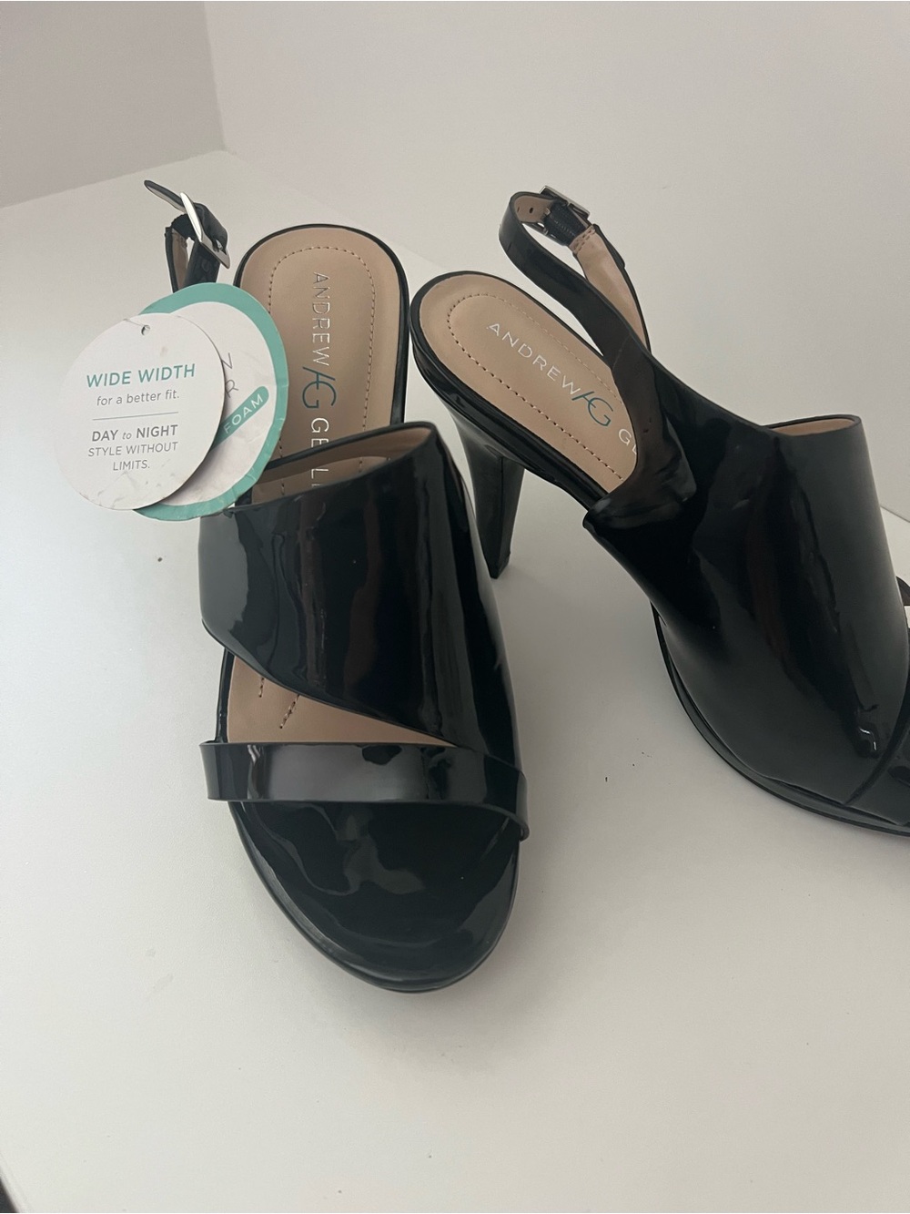 Andrew Geller Black Patent Open-Toe Slingback Heels